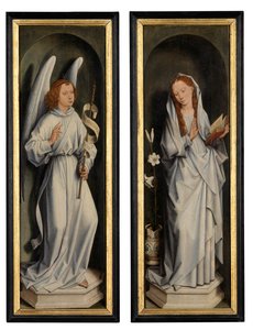Baksidan av ett par vingar som visar tillkännagivandet (olja på panel) av Hans Memling
