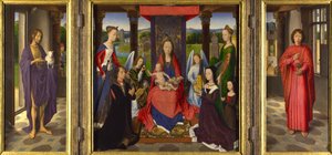 Jungfru Maria och barnet med helgon och donatorer av Hans Memling