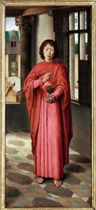 Triptyk av John Donne: högra luckan, Saint John Evangelist, namnhelgon till Sir John Donne (olja på ek) av Hans Memling