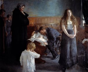 Det sjuka barnet. Målning av Hans Olaf Heyerdale (1857-1913) Ec. Stämd