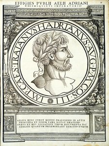 Aelius Hadrianus, illustration från de romerska kejsarna i hela öst och väst, de sannaste bilderna av antika mynt, träsnitt av Rudolph Wyssenbach, tryckt av Andreas Gesner, Zuri av Hans Rudolf Manuel Deutsch