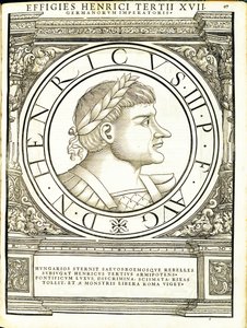 Henricus III, illustration från "Imperatorum romanorum omnium orientalium et occidentalium verissimae imagines ex antiquis numismatis", träsnitt av Rudolph Wyssenbach, tryckt av Andreas Gesner, Zürich. av Hans Rudolf Manuel Deutsch