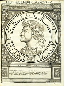 Henricus I Auceps, illustration från "Imperatorum romanorum omnium orientalium et occidentalium verissimae imagines ex antiquis numismatis", träsnitt av Rudolph Wyssenbach, tryckt av Andreas Gesner, Z