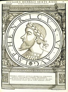 Henrik VI, illustration från de mest autentiska bilderna av de antika romerska kejsarna i öst och väst, träsnitt av Rudolph Wyssenbach, tryckt av Andreas Gesner, Zürich, 1 av Hans Rudolf Manuel Deutsch