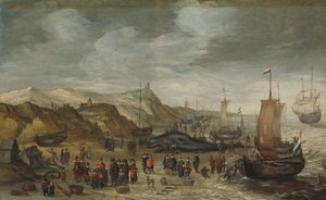 En kaskelot spolades upp på stranden i Noordwijk den 28 december 1614 av Hans Savery (I) (attributed to)