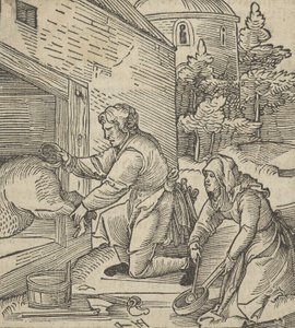En bonde som slaktar ett svin, från Hymmelwagen auff dem, wer wol leben..., 1517. av Hans Schäufelein the Elder