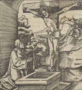 En man som ber framför ett krucifix, från Hymmelwagen auff dem, wer wol Leben..., 1517. av Hans Schäufelein the Elder