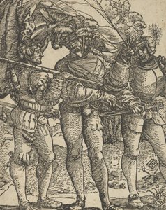 En fanbärare flankerad av en Lansquenet vid varje sidokopia. av Hans Schäufelein the Elder