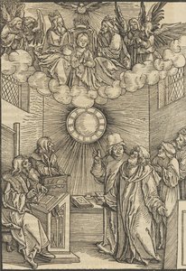 The Author Writing the Layenspiegel, The Trinity and the Virgin at the Upper Center, från ..., 1511. av Hans Schäufelein the Elder