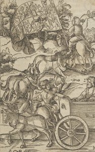 Den dygdige mannen på en vagn på väg till himlen, från Hymmelwagen auff dem, wer wol leb..., 1517.