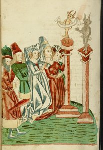 A Group of men and Women Worship Two Idols, 1469 (bläck, tvättar och tempera på papper)