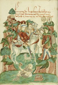 Josaphat möter en blind man och en tiggare Ludwig XV 9 fol. 31v, 1469 (bläck, färgtvättar och tempera på papper)