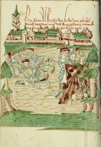 Korsningen av Röda havet Ms Ludwig XV 9 fol. 56v, 1469 (bläck, färgtvättar och tempera på papper)