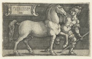 Alexander den store med sin häst Bucephalus Alexander Mangnvs (titel på objekt) av Hans Sebald Beham