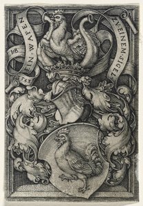 Vapensköld med en hane, 1543 (gravyr på lagt papper) av Hans Sebald Beham