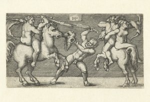 Slåss mellan två män med kvinnor till häst och en stående man av Hans Sebald Beham