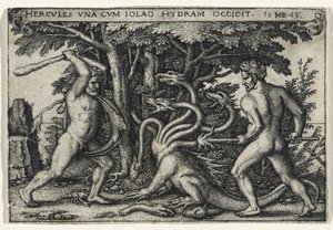 Hercules Slaying the Hydra, 1545 (gravyr på lagt papper) av Hans Sebald Beham