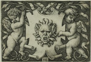 Prydnad med en mask som hålls av två genier av Hans Sebald Beham