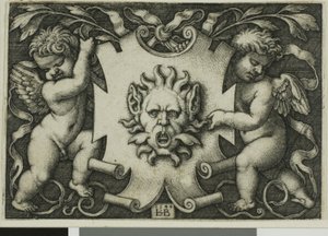 Prydnad med en mask som hålls av två genier av Hans Sebald Beham