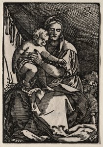 Den heliga familjen under ett tält. av Hans Sebald Beham