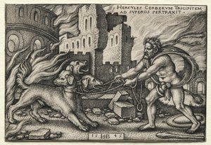 The Labors of Hercules: Hercules Dragging Cerberus from the Underworld, 1545. av Hans Sebald Beham