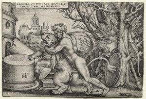 The Labours of Hercules: Hercules Stranling the Nemean Lion av Hans Sebald Beham