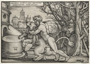 The Labours of Hercules: Hercules Stranling the Nemean Lion av Hans Sebald Beham