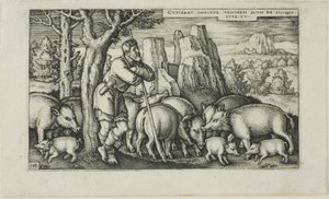 Den förlorade sonen med svinet, tallrik tre från The History of the Prodigal Son av Hans Sebald Beham
