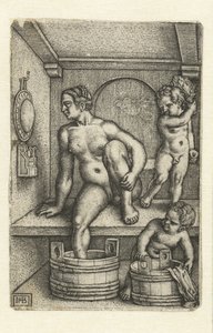 Kvinna med två barn i badrummet av Hans Sebald Beham