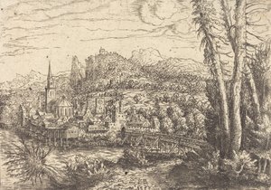 Utsikt över en stad nära en flod, 1553. av Hans Sebald Lautensack