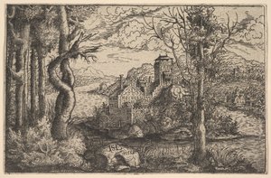Utsikt över en flod, med ett slott på en ö, 1553.
