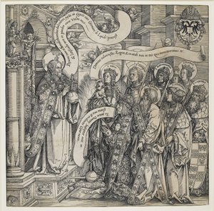 Maximilian presenterad av sina skyddshelgon till den Allsmäktige, 1519