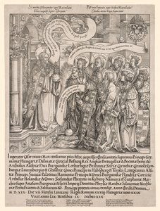 Kejsaren Maximilian presenterad av sina skyddshelgon till den Allsmäktige, 1519.