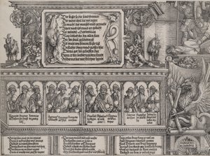 Den vänstra portalens övre sektion, med inskriften på ett lejonskinn, en fris med B..., 1515.