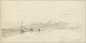 Fragment av havskusten nära Livorno med fisknät utspända på stranden av Hans Thoma