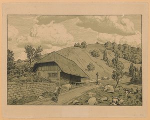 Lantligt landskap med en vandrare från trakten kring Happach i Schwarzwald av Hans Thoma