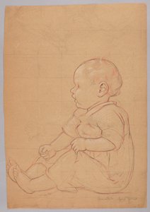 Studie av ett sittande barn, verso: en gammal man sittande på en sten av Hans Thoma