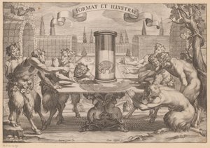 Satyrer kring en anamorfos av en elefant Format et Illustrat (titel på objekt) av Hans Troschel
