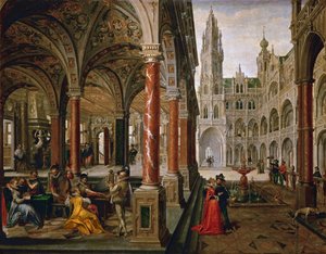 Palats med musiker - Hans Vredeman de Vries (Jan de Vriese ou Friedman de Frise) (1526-1606). olja på duk
