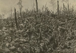 Tyskt angrepp på franska blockhus och skyttegravar i Bois-le-Pretre efter artilleribombardementet den 5 juli 1915 (litho) av Hans W. (after) Schmidt