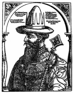 Porträtt av Ivan IV den förskräcklige (1533 - 1584), rysk tsar. Xylografi av Hans Weygel. av Hans Weigel