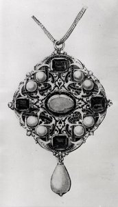 Design för ett hänge set med rubin, safirer och pärlor (penna & svart bläck, tvätt & wc på papper) av Hans attr. to Holbein the Younger