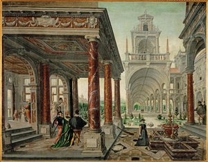 Palatsarkitektur med elegant sällskap (olja på duk)