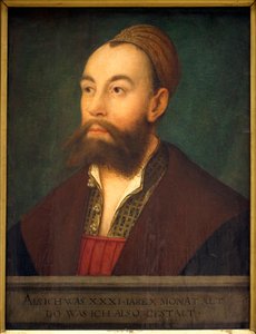 Porträtt av bankiren Anton Fugger (1493-1560) (i texten: representativ som han var vid en ålder av 31 år och 10 månader) - Målning av Hans Maler dit de Schwaz (1480-1526 eller 1529), olja på duk, cirka 1525 - Tysk konst 1500-talet - Musee des Beaux A
