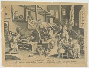 Politura Armorum, Polishing Arms, skylt 17 från serien Nova Reperta, Modern Discoveries, c.1588 (gravyr ) av Hans the younger Collaert