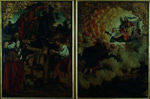 Berättelser om S.S. Petrus och Paulus altartavla: detalj som visar Petrus korsfästelse i LtoR och Paulus uppstigning till himlen (olja på panel) (detalj) av Hans von Klumbach