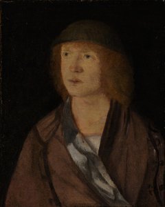 Porträtt av en ung man, omvänd flicka som gör en krans, ca. 1508.