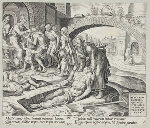 Saliga är de barmhärtiga. Tobit begraver de döda, klär de nakna och matar de hungriga av Harmen Jansz. Muller