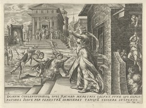 Rahab låter spionerna fly genom fönstret The History of Joshua (serietitel) av Harmen Jansz Muller