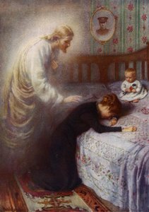 Kristus Tröstaren: Jesus tröstar en sörjande brittisk krigsänka (färg litho)